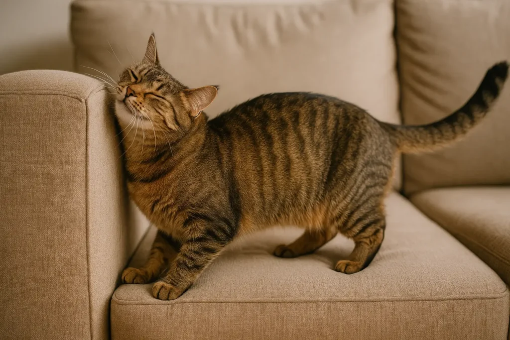 A imagem mostra uma gata de pelagem rajada (tigrada), com tons de marrom, preto e dourado, se esfregando com muita satisfação no braço de um sofá bege. Ela está com os olhos semicerrados, em uma expressão clara de prazer e conforto, enquanto encosta e esfrega o rosto na quina do sofá. A posição do corpo sugere que ela está alongando as patas dianteiras, com o rabo levantado, típico comportamento dos gatos quando estão marcando território ou demonstrando bem-estar. Ao fundo, o estofado do sofá é visível, com textura macia e tom neutro que destaca ainda mais a pelagem da gata. A iluminação é suave e aconchegante, criando um clima de lar e conforto.