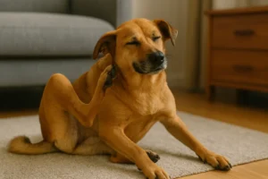 A imagem mostra um cachorro sem raça definida (SRD) de porte médio, pelagem marrom-clara, sentado sobre um tapete bege no chão de uma sala. Ele está se coçando, utilizando a pata traseira esquerda para alcançar a região próxima da orelha, com os olhos semicerrados, expressando certo alívio ou prazer no ato. Ao fundo, há um sofá cinza e um móvel de madeira, compondo um ambiente doméstico aconchegante, iluminado por luz natural suave.