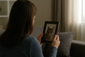 Mulher sentada em um sofá, vista por trás, segurando uma moldura com a foto de um gato. Ela observa a imagem com delicadeza, em um ambiente com iluminação suave e cortinas claras ao fundo, transmitindo um clima de saudade e introspecção.
