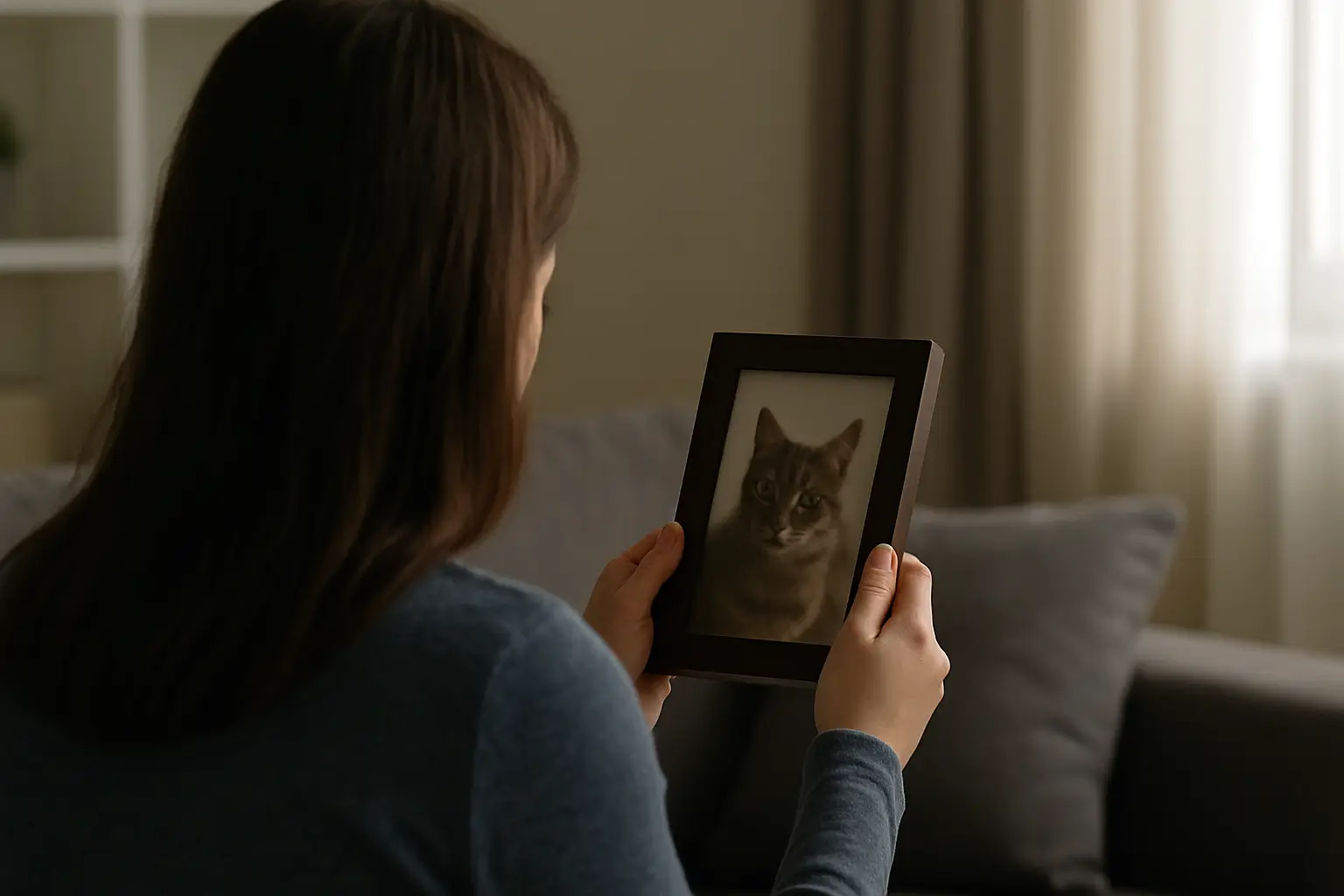 Mulher sentada em um sofá, vista por trás, segurando uma moldura com a foto de um gato. Ela observa a imagem com delicadeza, em um ambiente com iluminação suave e cortinas claras ao fundo, transmitindo um clima de saudade e introspecção.