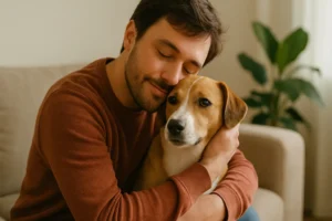 A imagem mostra um homem abraçando carinhosamente seu cachorro em um sofá. O tutor está de olhos fechados, sorrindo suavemente, enquanto o cão, de pelagem marrom e branca, permanece calmo nos braços dele. O ambiente é aconchegante, com uma planta ao fundo e luz natural suave.