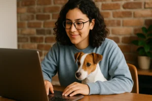 Mulher jovem de cabelos cacheados e óculos sentada à mesa, sorrindo enquanto usa um laptop. Ao seu lado, um cachorro da raça Jack Russell Terrier observa atentamente a tela. Ao fundo, uma parede de tijolos à vista e uma planta decorativa.