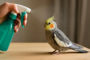 A imagem mostra uma calopsita sendo levemente borrifada com água por meio de um frasco spray de plástico verde com bico branco e gatilho azul. A ave está posicionada sobre uma superfície de madeira clara e aparenta estar tranquila, com a crista levemente eriçada. O jato de água é fino e disperso, adequado para um banho suave. O fundo desfocado sugere que a cena ocorre em ambiente interno, com iluminação natural suave. A imagem ilustra um método seguro e comum de dar banho em calopsitas, respeitando sua sensibilidade.