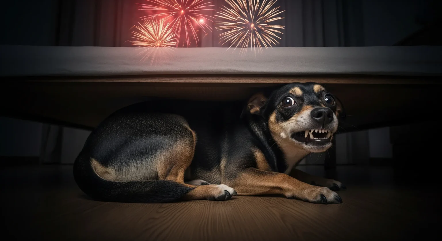 Um cachorro preto e marrom está escondido debaixo de uma cama, com os dentes à mostra e os olhos arregalados de medo, enquanto fogos de artifício explodem no fundo. A cena representa como acalmar o cachorro com medo de fogos.