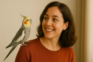 Mulher sorridente olha com carinho para uma calopsita empoleirada em seu ombro, representando um momento de conexão durante o processo de como ensinar calopsita a cantar.