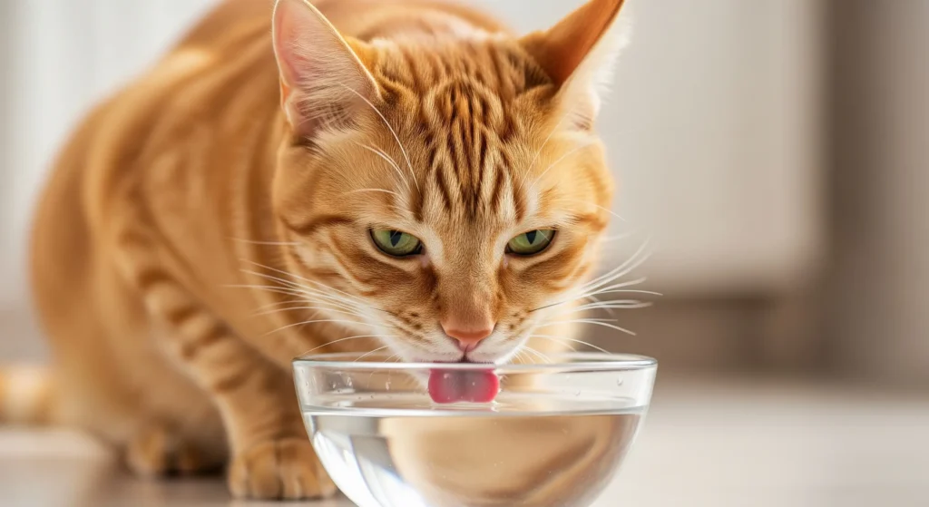 Um gato laranja listrado bebe água de uma tigela transparente de vidro com a língua para fora. No fundo, há uma parede clara e desfocada. A imagem ilustra como fazer o gato beber água.