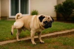 Um pug adulto de pelagem bege está com uma das patas traseiras erguidas, em posição de urinar, no quintal de uma casa. O cachorro está sobre a grama, próximo a uma calçada de pedra, com uma expressão curiosa e olhos grandes voltados para frente. Ao fundo, há a parede externa da casa com uma porta de vidro e arbustos. A imagem é bem iluminada e transmite um ambiente residencial tranquilo.