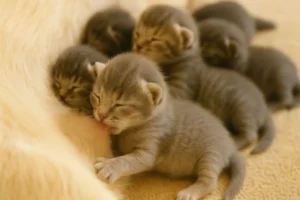 Filhotes de gato recém-nascidos mamando na mãe em um ambiente claro e aconchegante — imagem que ilustra o início do desmame de gato, quando ainda dependem exclusivamente do leite materno para se nutrir.