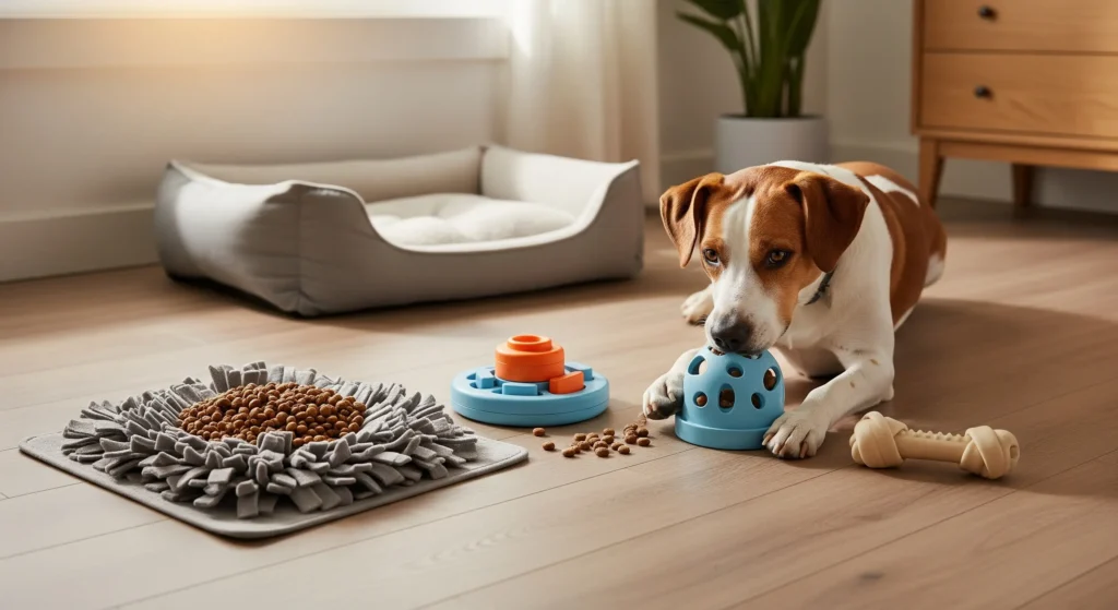 Um cachorro engajado em enriquecimento ambiental para cachorros, brincando com um dispensador de petiscos enquanto outros brinquedos e um tapete de fuçar com comida estão por perto em um ambiente interno.