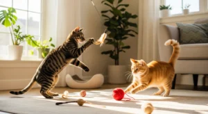 Enriquecimento ambiental para gatos. Vários gatos brincam em uma sala ensolarada com brinquedos diversos, como varinhas com penas, bolinhas e túneis. Prateleiras e arranhadores verticais oferecem oportunidades para escalar e arranhar.