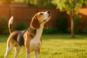 Cão farejando o ar em um quintal ensolarado, ilustrando um comportamento comum relacionado à detecção de odores — conceito importante ao explicar o uso de feromônios sintéticos em pets.