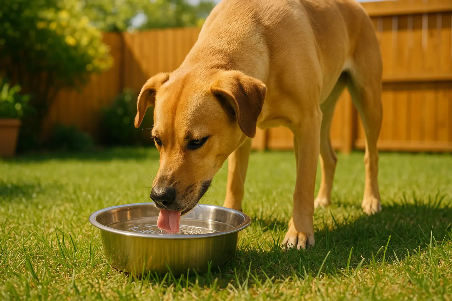 Cachorro se hidratando ao beber água de um pote metálico em um quintal ensolarado, representando a importância da hidratação para cachorro em dias quentes.