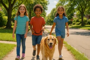 Crianças sorridentes passeando com cachorro em uma rua arborizada durante um dia ensolarado, representando a alegria de passear com cachorro ao ar livre.