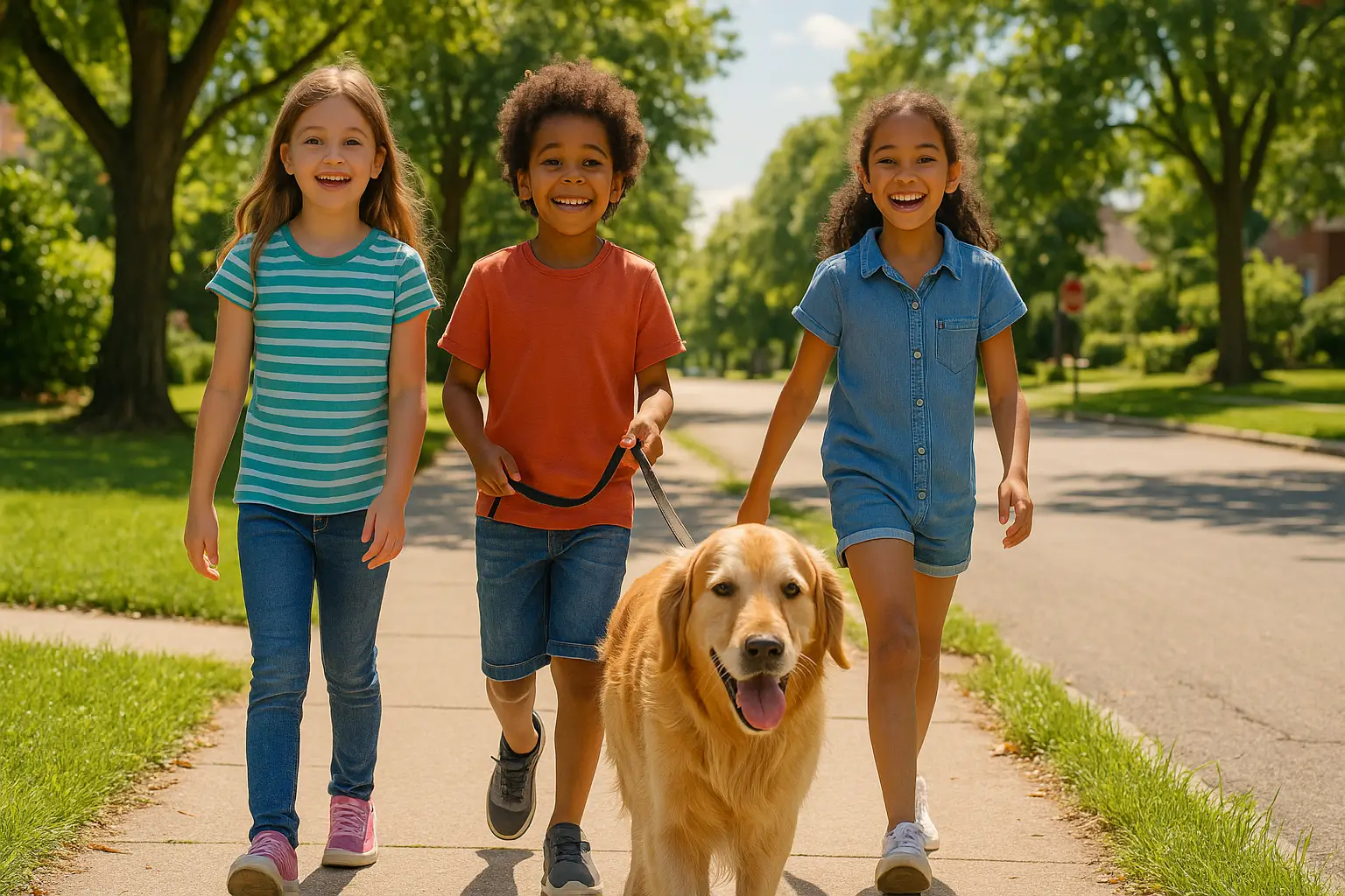 Crianças sorridentes passeando com cachorro em uma rua arborizada durante um dia ensolarado, representando a alegria de passear com cachorro ao ar livre.