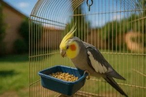 Calopsita comendo ração para calopsita em um comedouro azul, dentro de uma gaiola pendurada ao ar livre, em um quintal ensolarado com grama verde ao fundo.