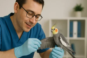 Veterinário usando jaleco azul e luvas examina cuidadosamente a asa aberta de uma calopsita com penas cinzas, brancas e cabeça amarela com bochechas alaranjadas, em um consultório bem iluminado.