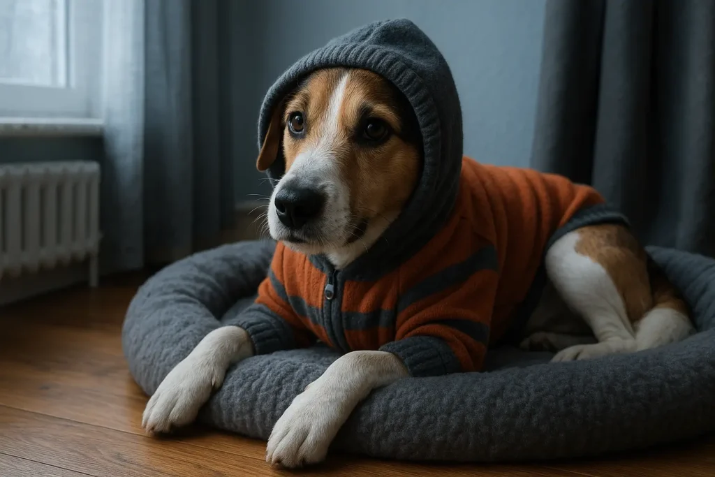 Cachorro deitado em uma cama macia usando roupinha de frio em um ambiente interno, transmitindo conforto em dias gelados — exemplo de como aquecer o cachorro no inverno.