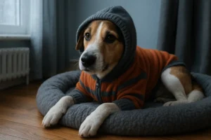 Cachorro deitado em uma cama macia usando roupinha de frio em um ambiente interno, transmitindo conforto em dias gelados — exemplo de como aquecer o cachorro no inverno.