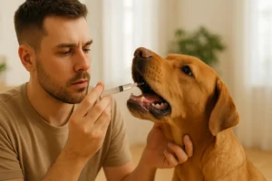 Tutor administra **carvão ativado para cães** com uma seringa na boca de um cachorro em um ambiente bem iluminado, demonstrando cuidado e atenção durante o tratamento.