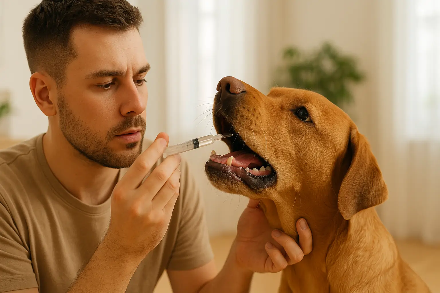 Tutor administra **carvão ativado para cães** com uma seringa na boca de um cachorro em um ambiente bem iluminado, demonstrando cuidado e atenção durante o tratamento.