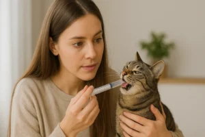 Mulher jovem administra medicamento com uma seringa na boca de um gato rajado, em um ambiente interno bem iluminado. A cena representa o cuidado com a saúde felina, ideal para ilustrar o uso de carvão ativado para gato em tratamentos emergenciais.