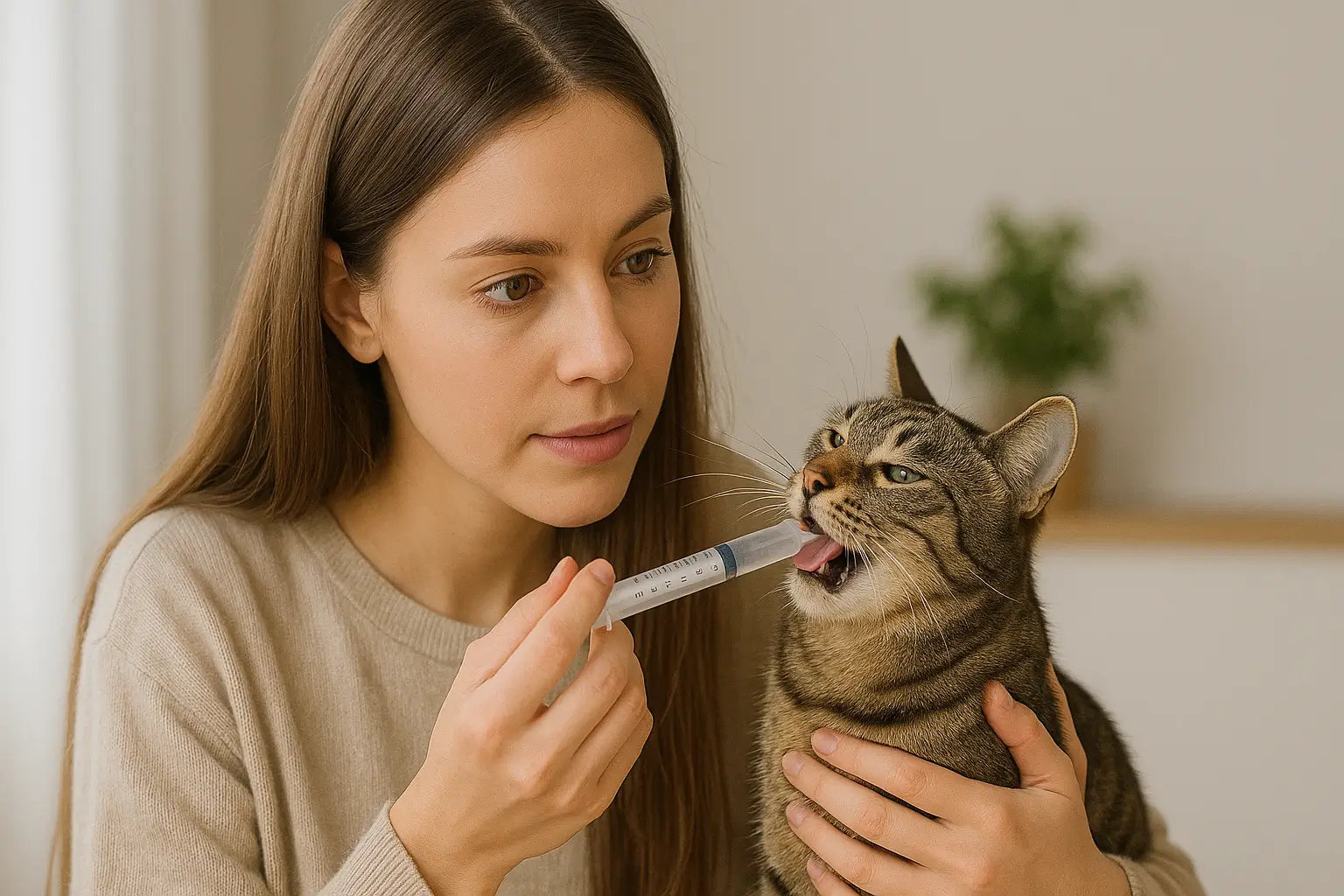 Mulher jovem administra medicamento com uma seringa na boca de um gato rajado, em um ambiente interno bem iluminado. A cena representa o cuidado com a saúde felina, ideal para ilustrar o uso de carvão ativado para gato em tratamentos emergenciais.