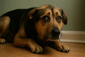 Cachorro de porte médio deitado no chão de madeira, com o corpo encolhido e expressão assustada. As orelhas estão abaixadas e os olhos arregalados, transmitindo medo e insegurança.