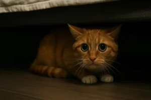 Gato laranja encolhido debaixo de uma cama escura, com os olhos arregalados e expressão de medo, deitado no chão de madeira.