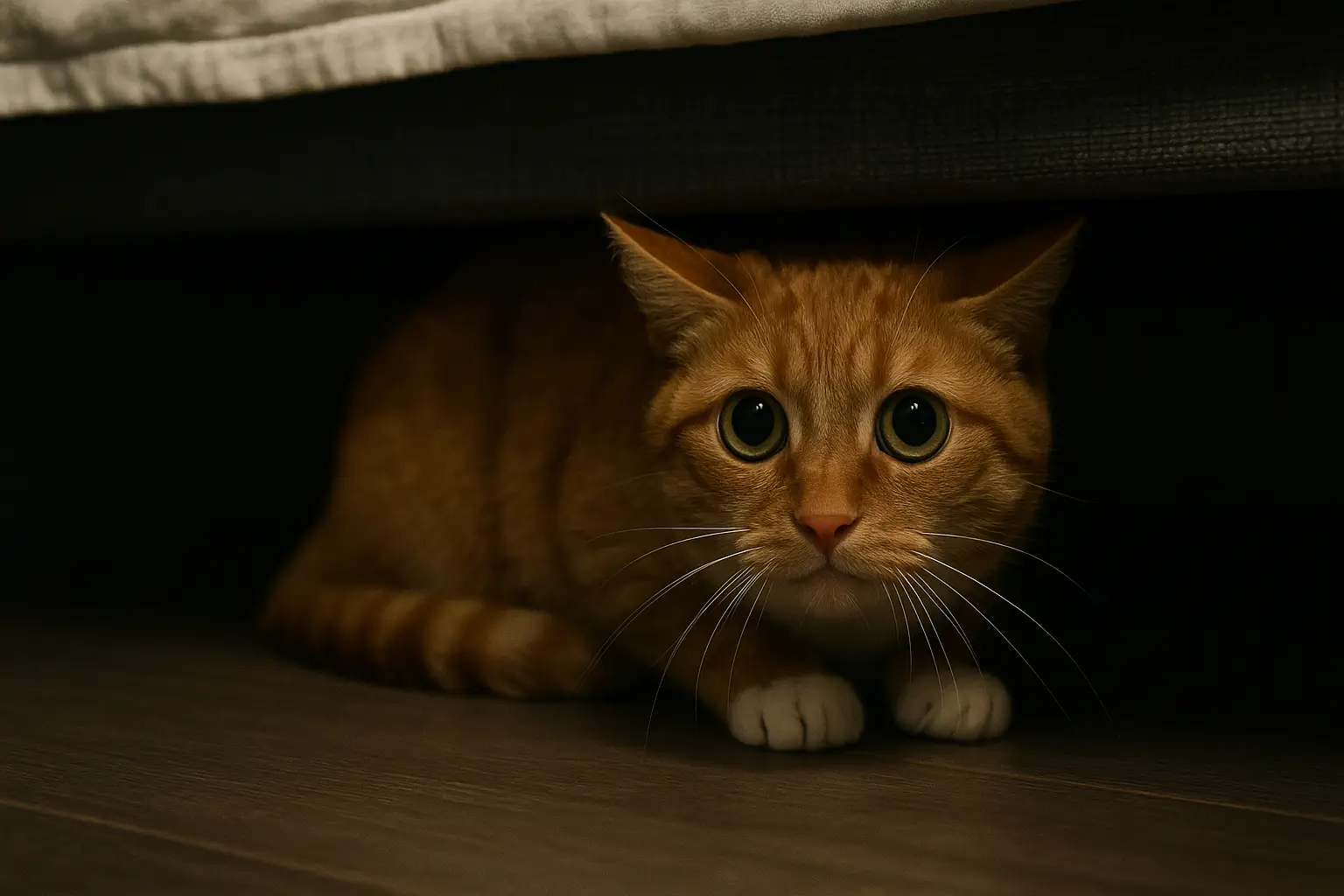 Gato laranja encolhido debaixo de uma cama escura, com os olhos arregalados e expressão de medo, deitado no chão de madeira.