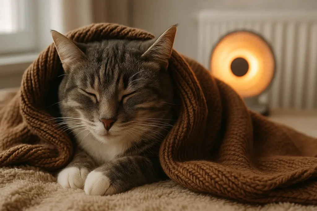 Gato cinza com listras brancas dormindo enrolado em um cobertor marrom grosso, deitado sobre uma manta felpuda em um ambiente interno aquecido. Ao fundo, uma estufa elétrica acesa reforça a sensação de conforto térmico, ilustrando como cuidar do gato no inverno.