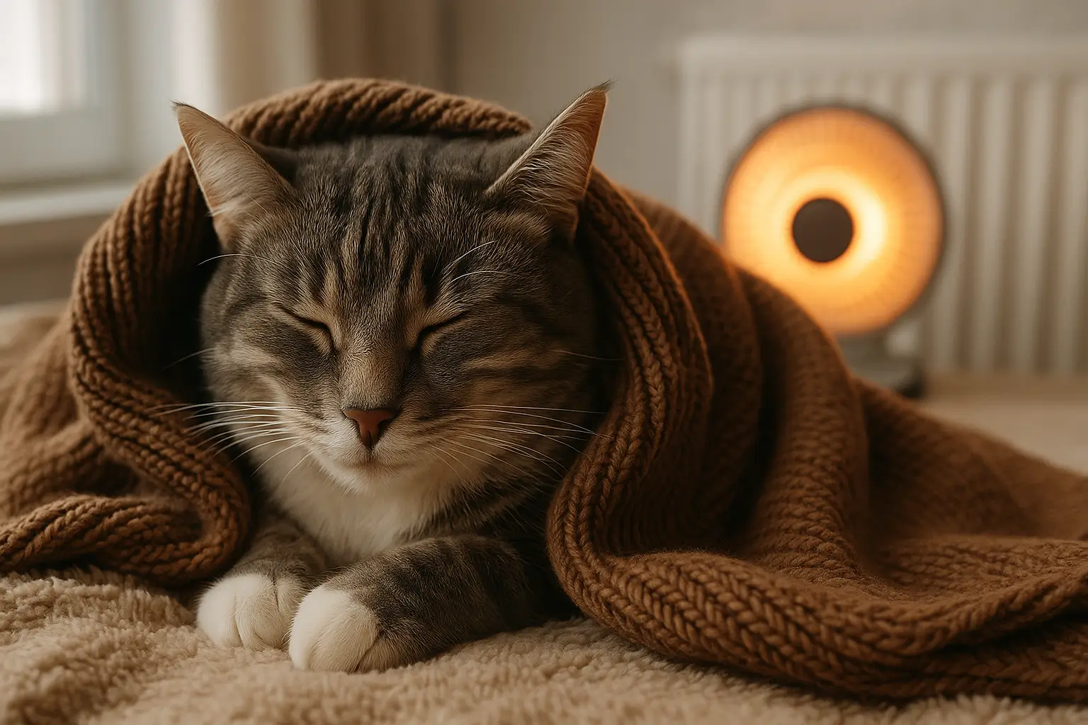 Gato cinza com listras brancas dormindo enrolado em um cobertor marrom grosso, deitado sobre uma manta felpuda em um ambiente interno aquecido. Ao fundo, uma estufa elétrica acesa reforça a sensação de conforto térmico, ilustrando como cuidar do gato no inverno.