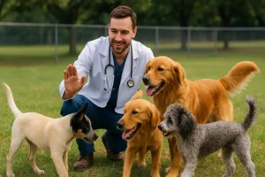 Veterinário agachado em um parque cercado, interagindo com quatro cachorros de raças diferentes que brincam juntos. Ele usa jaleco branco e estetoscópio, orientando a socialização dos cães em um ambiente seguro e natural.