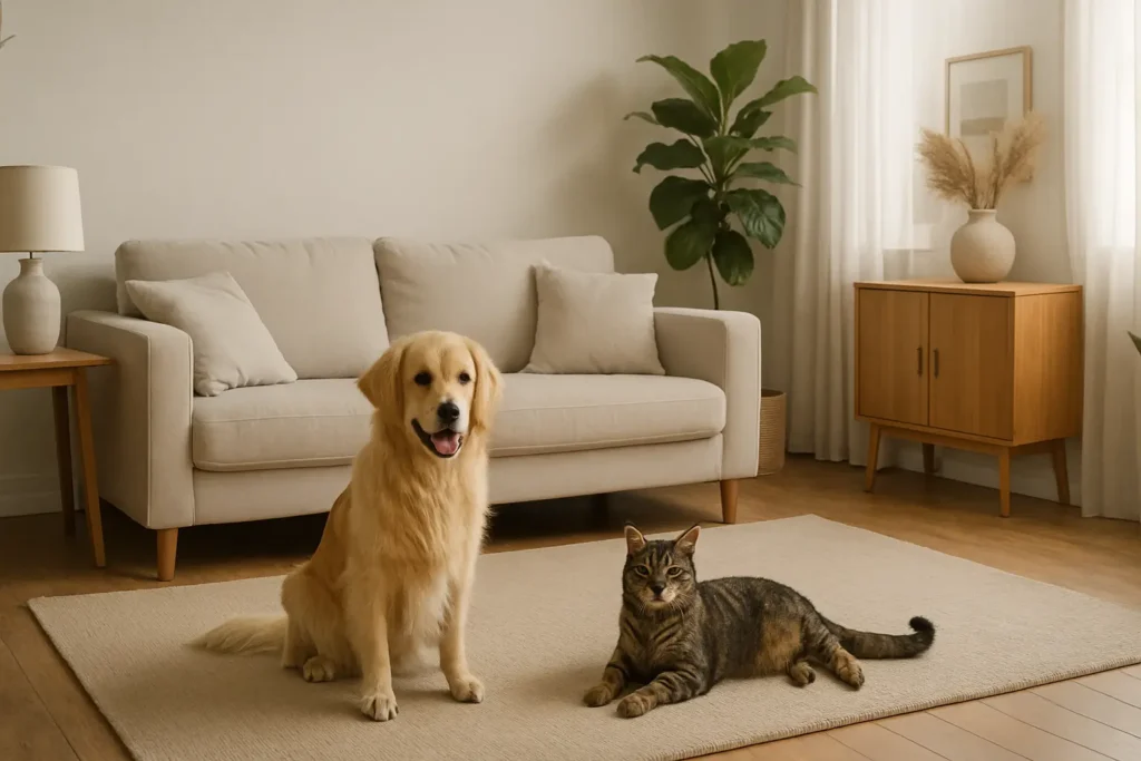 Cão da raça golden retriever e gato rajado descansam juntos em harmonia sobre um tapete bege na sala de estar iluminada por luz natural. O ambiente tem decoração minimalista, com sofá claro, plantas e móveis de madeira clara, transmitindo conforto e tranquilidade.