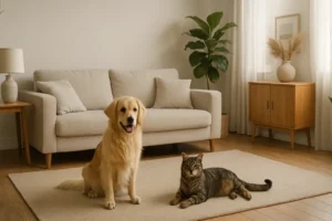 Cão da raça golden retriever e gato rajado descansam juntos em harmonia sobre um tapete bege na sala de estar iluminada por luz natural. O ambiente tem decoração minimalista, com sofá claro, plantas e móveis de madeira clara, transmitindo conforto e tranquilidade.