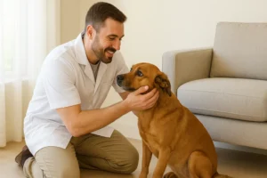Veterinário ajoelhado em uma sala clara e acolhedora faz carinho em um cachorro marrom de porte médio, que está sentado próximo a um sofá bege. O profissional sorri com gentileza enquanto segura o rosto do animal com as duas mãos, transmitindo calma e confiança.