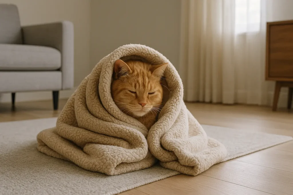 Gato enrolado em um cobertor no canto da sala, com aparência cansada, ilustrando sinais comuns de doença respiratória em gato, como prostração e busca por conforto térmico