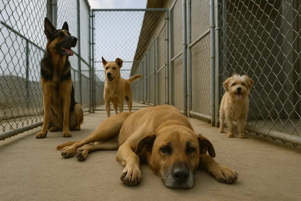 Cão deitado no chão de um canil ensolarado, aparentando cansaço, enquanto outros três cachorros estão em pé ao fundo, cercados por grades metálicas.