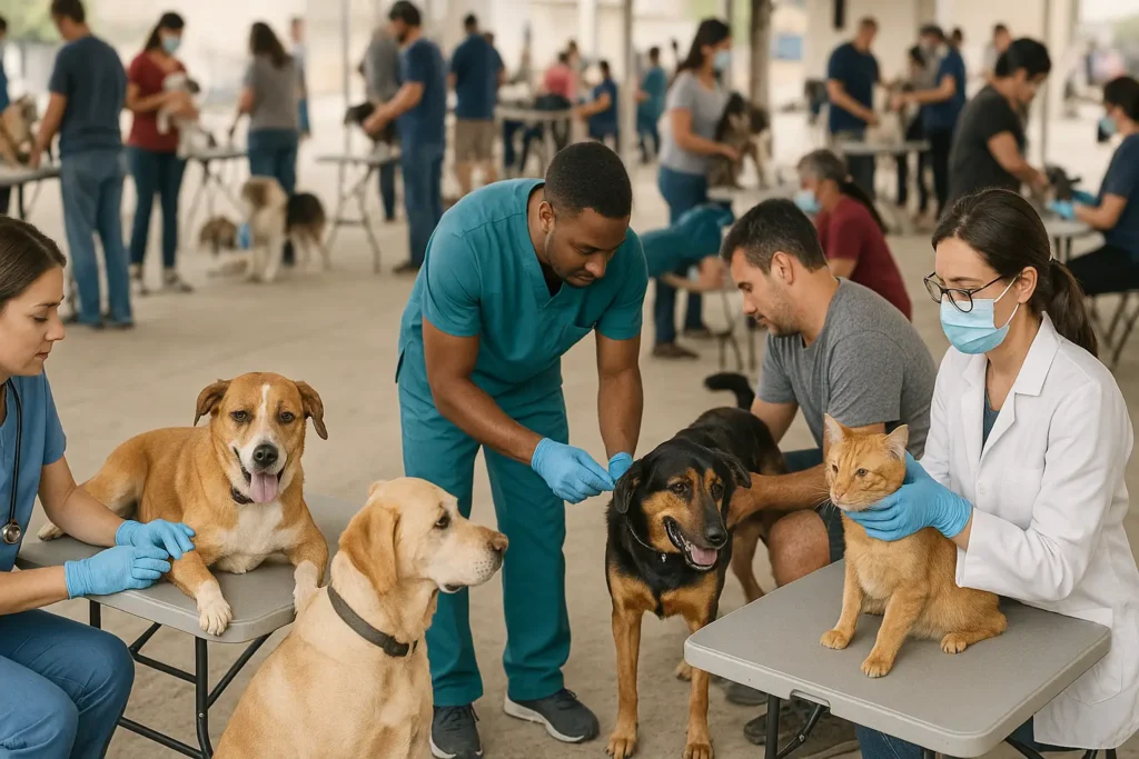 Veterinários atendendo diversos cães e gatos durante uma ação coletiva de saúde em um espaço coberto, representando o cuidado com os animais promovido pela campanha Julho Dourado.