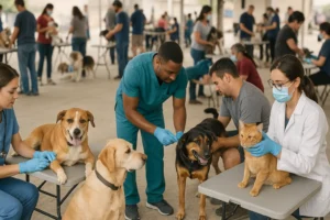 Veterinários atendendo diversos cães e gatos durante uma ação coletiva de saúde em um espaço coberto, representando o cuidado com os animais promovido pela campanha Julho Dourado.