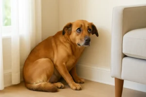 Cachorro de porte médio e pelagem marrom claro está acuado no canto de uma sala bem iluminada, com expressão de medo. Ele está próximo a uma cortina branca e um sofá bege, em um ambiente claro e acolhedor com piso de madeira clara.