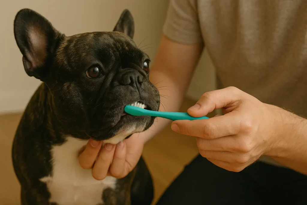 Pessoa escovando os dentes de um buldogue francês, representando cuidados de higiene bucal e o tema como melhorar hálito de cachorro