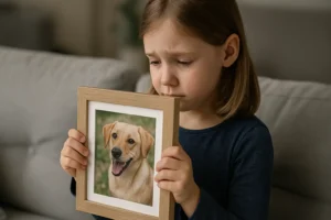 Criança sentada em um sofá, segurando uma moldura com a foto de um cachorro sorridente, olhando para a imagem com expressão triste e lágrimas no rosto.
