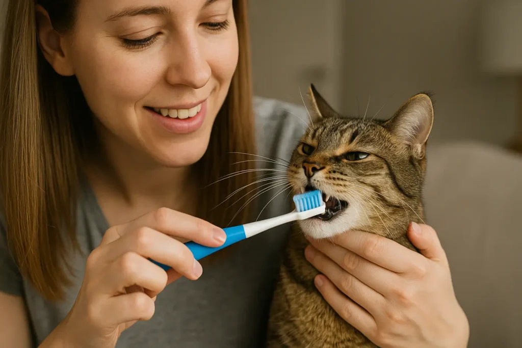 Mulher sorridente escova delicadamente os dentes de um gato tigrado com uma escova azul, segurando o animal com cuidado em ambiente doméstico.