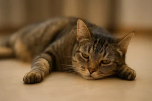 Leptospirose em gatos: gato deitado no chão aparentando cansaço