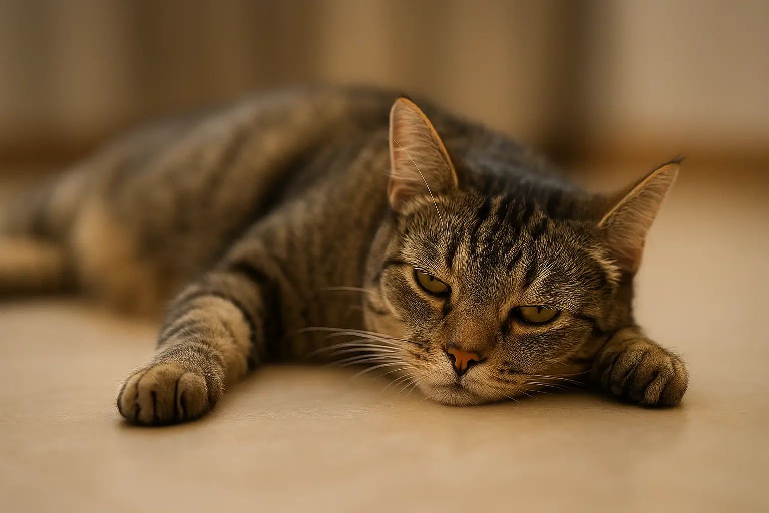 Leptospirose em gatos: gato deitado no chão aparentando cansaço