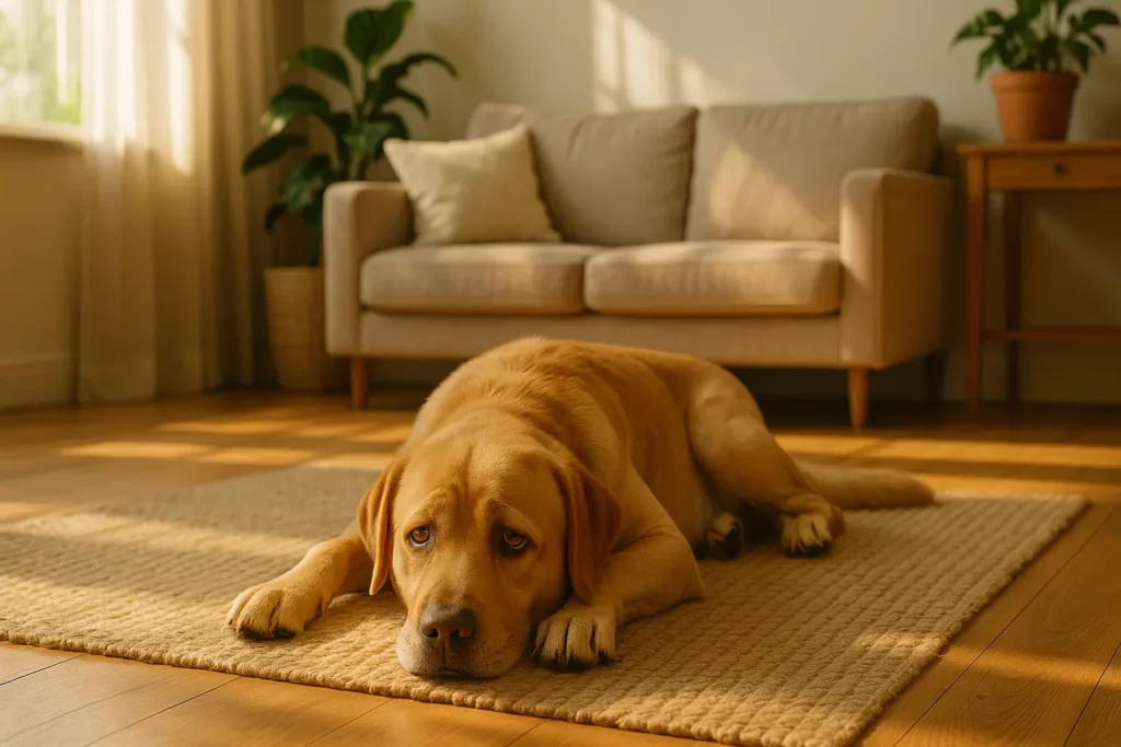 cachorro deitado em uma sala ensolarada, com expressão triste e apática