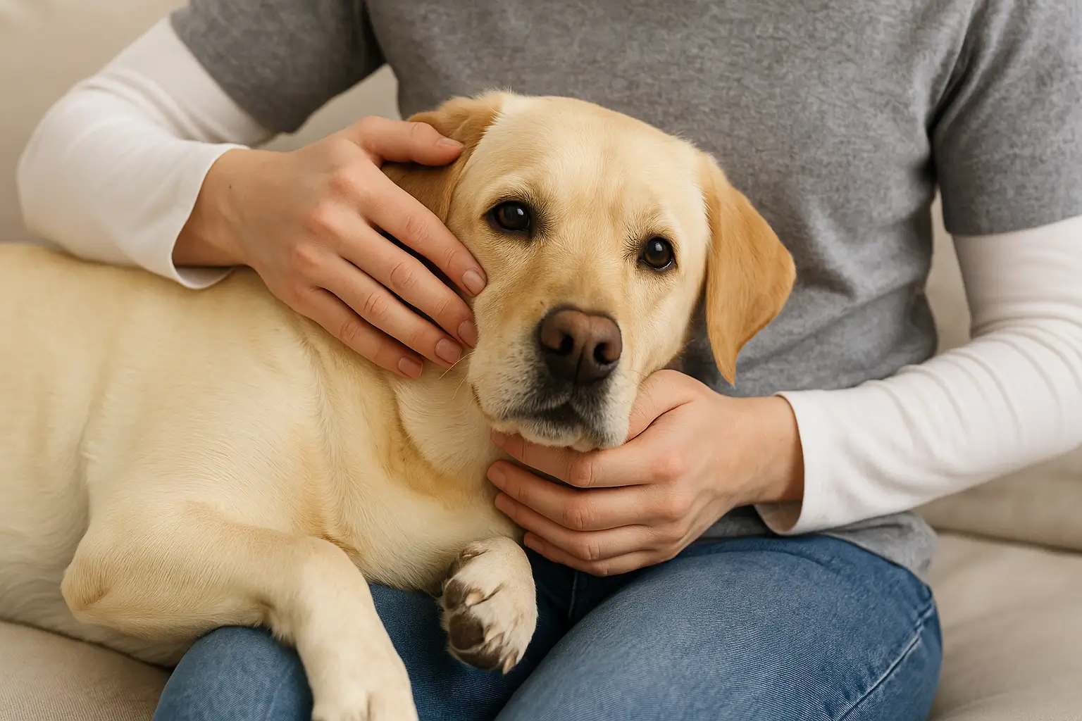 Pessoa acariciando um cachorro labrador de pelagem clara que está deitado em seu colo, transmitindo a ideia de cuidados especiais e afeto.