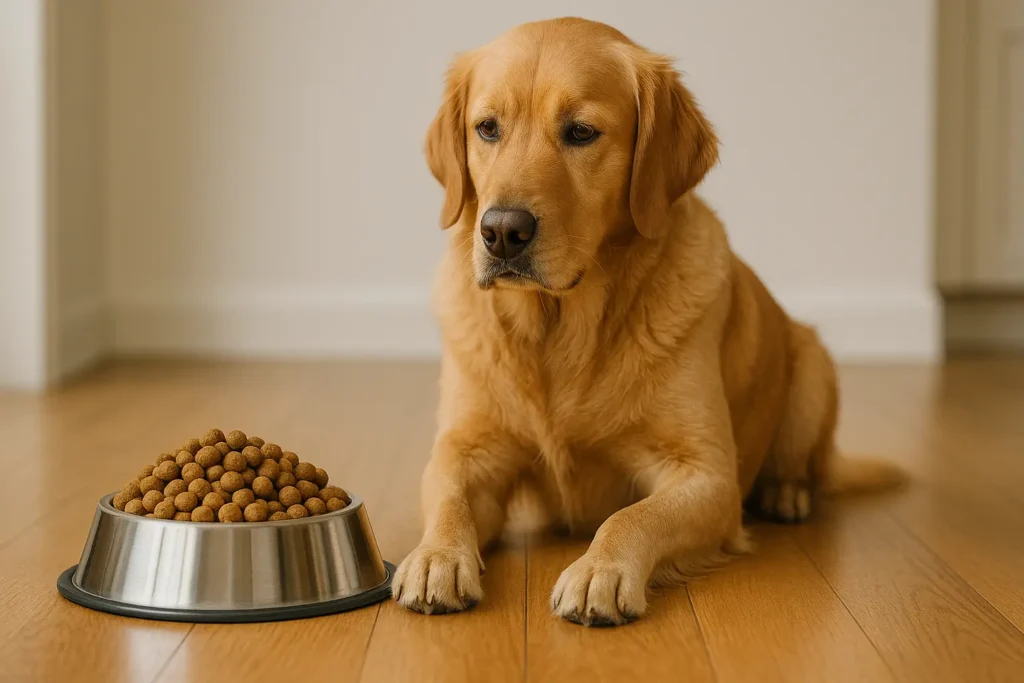 Cachorro não quer comer sentado ao lado de um pote de ração cheio em ambiente doméstico.