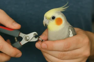 Pessoa segurando uma calopsita enquanto utiliza um alicate específico para cortar suas unhas, ilustrando o processo de como cortar unha de calopsita de forma segura e cuidadosa.