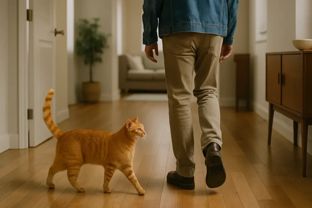 Gato laranja seguindo seu dono em um corredor interno com piso de madeira clara. O homem, de calça bege e jaqueta jeans, caminha à frente, enquanto o gato caminha atento ao seu lado. Ao fundo, há uma sala de estar iluminada com sofá claro e decoração aconchegante.